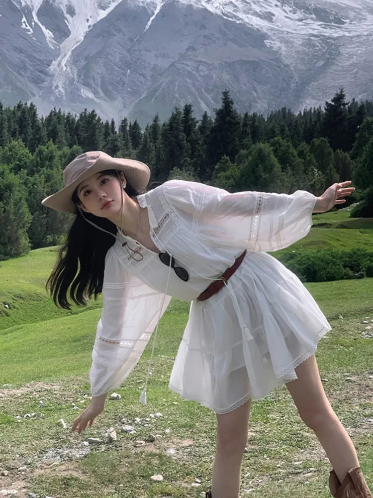 New Summer White Short Dresses for Lantern Sleeve With Belt Mini Dress French Style Shirt Vestidos