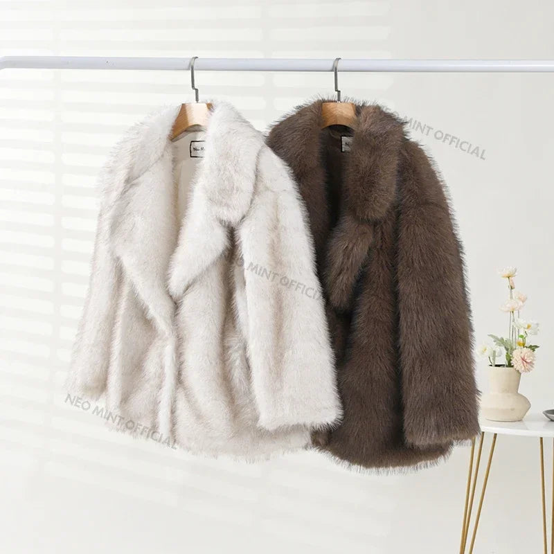 Winter Faux Fur Coat Brand Fluffy Fox Fur Outerwear Overcoat Girl Street Style Furry Warm Jacket