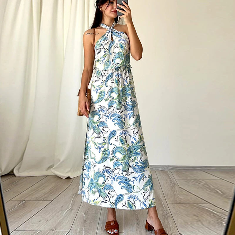 Female Off Shoulder Hollow Out Holiday Beach Dress Pattern Print High Waist Long Dress Summer Halter Loose Dress