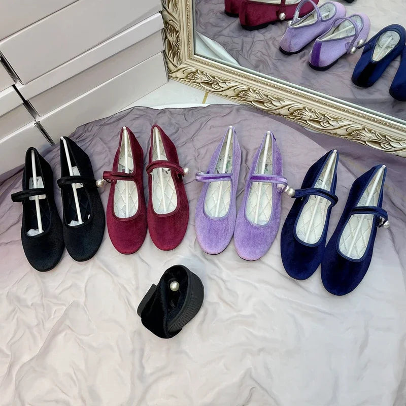 Retro Purple Burgundy Satin Pearl Velvet Mary Jane Flat Shoes for Ballet Flats Students Designer Shoes for