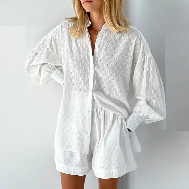 New Beach Shirt Shorts Twopiece Set Summer Tracksuit Female Loose Long Sleeve Top Suit Lounge Wear Homewear