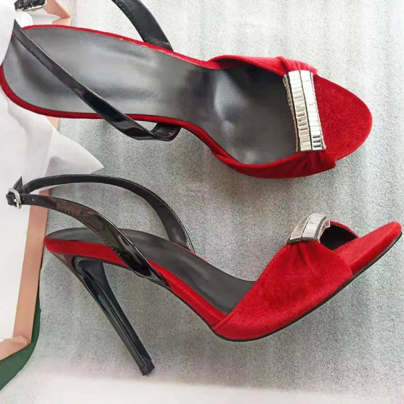Suede Fine High Heels Open Toe Rhinestone Party Dress Shoes Sandals Female Wedding Shoe Bride Sandalias Mujer