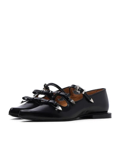 Japanese Metal Buckle Bow Mary Jane Shoes Sweet and Cool Pointed Leather Shallow Flat Shoes