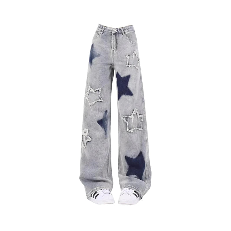 Blue High Waist Star Jeans Korean Y2k 90s Aesthetic Baggy Denim Trouser 2000s Wide Leg Pants Clothes