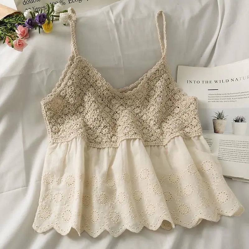 Summer Style Hollow Lace Hook Flower Vneck Camisole Tank Top Shorts Slimming Two Piece Sets Outfits