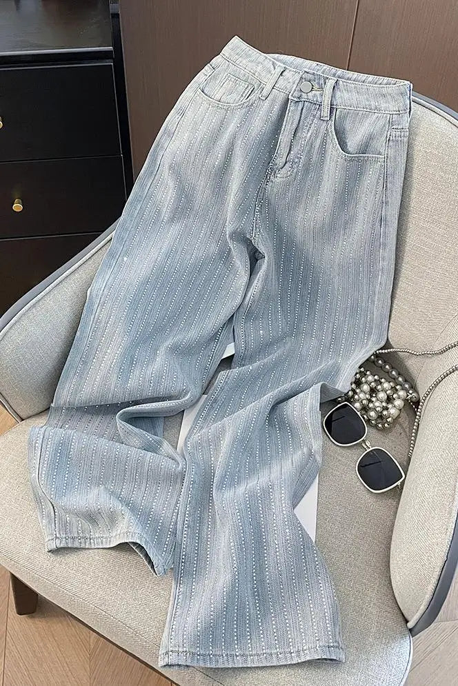 Korean Shiny Hot Diamond Temperament High Waisted Straight Tube Loose and Slimming Narrow Version Wide Leg Denim Pants for