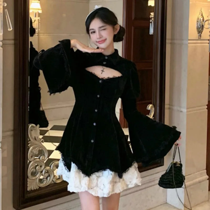 Y2k Gothic Black Mini Dresses Flare Sleeve O-neck Hollow Out Ruffles Patchwork A-line Korean Party Dress Autumn New