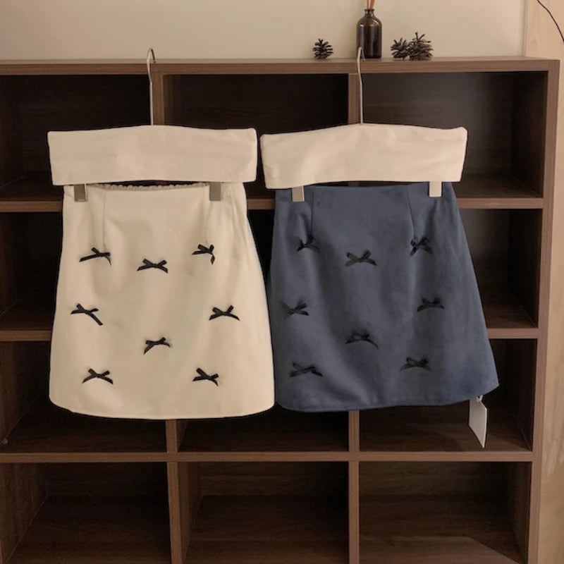 Korean Contrast Color Bow Splicing Aline Skirt Spring New High Waist All Match Velvet Mini Skirt