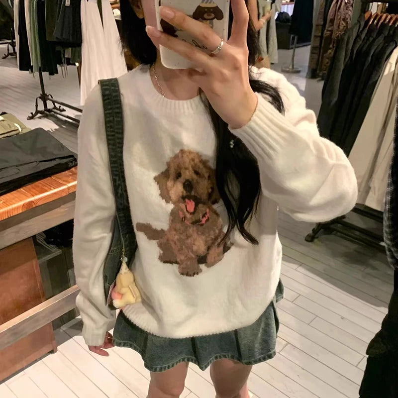 Kawaii Cartoon Dog Sweater Y2k Harajuku Print Knitted Pullovers Korean Long Sleeve Knitwear Winter Jumpers