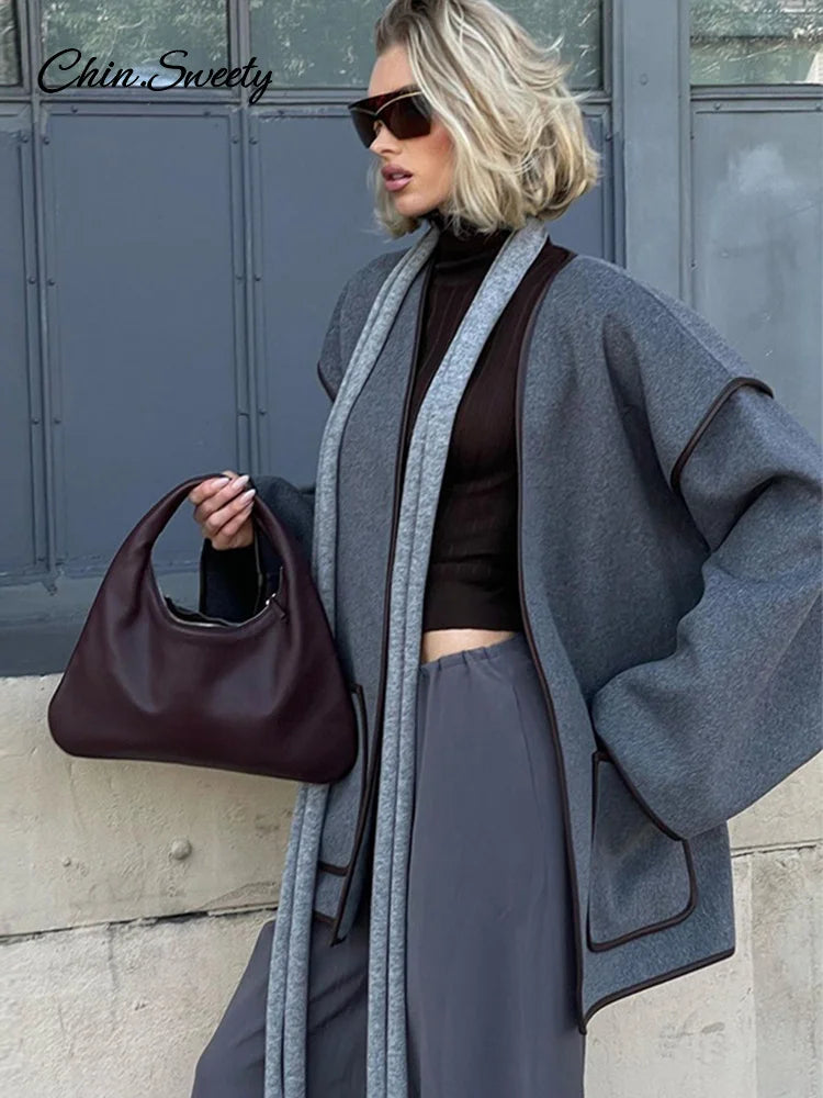 Patchwork Belt ’s Coats Contrast V-neck Long Sleeve Pocket Female Overcoats Autumn Lady New in Outwear