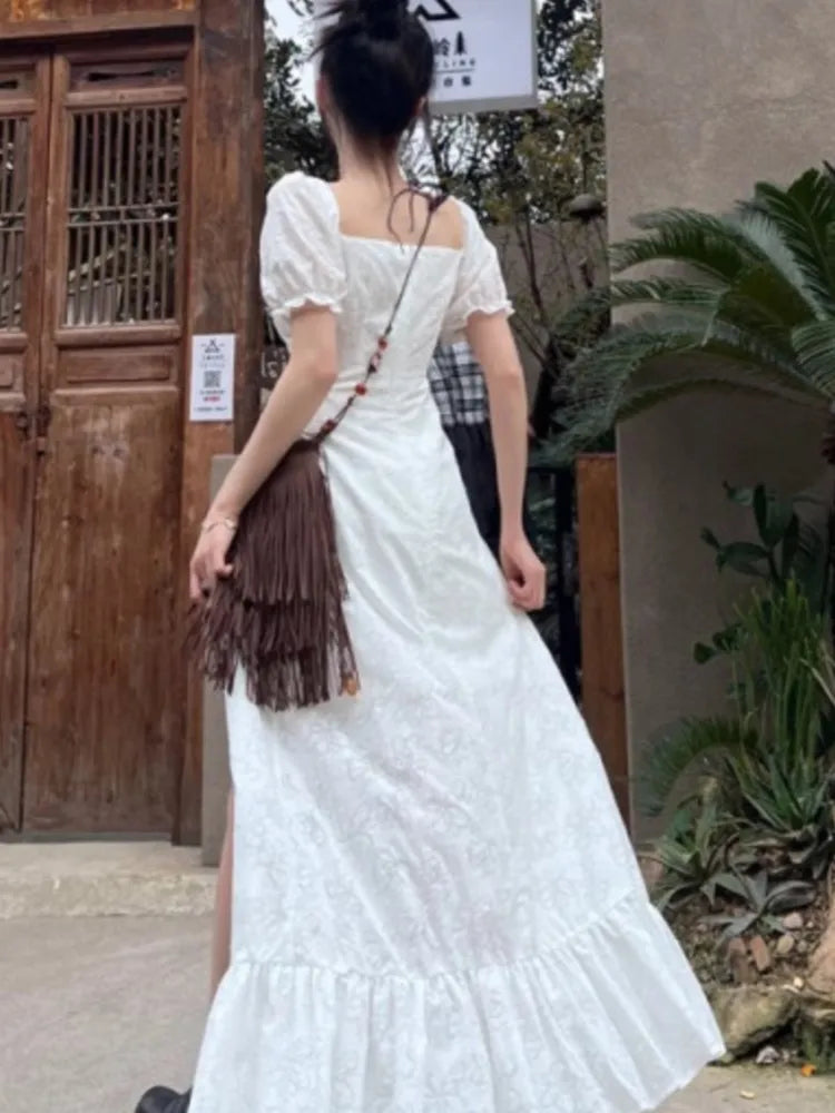 Y2k Long Dresses for Puff Sleeve Lace-up A-line Off Shoulder Club Party Dress Summer New Korean One Piece Vestido