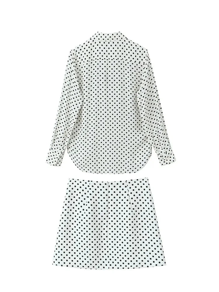 2 Piece Set Dot Printed Singlebreasted Lapel Loose Shirt Top Blouse Female Mini Pencil Skirts
