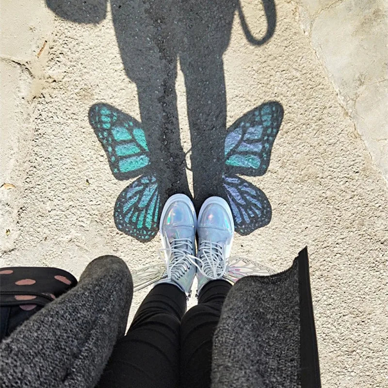 Shine Silver Real Leather Flat Sneakers Butterfly Wings Shoes Lace Up Ankle Boots Hightop Leisure Platform Shoes