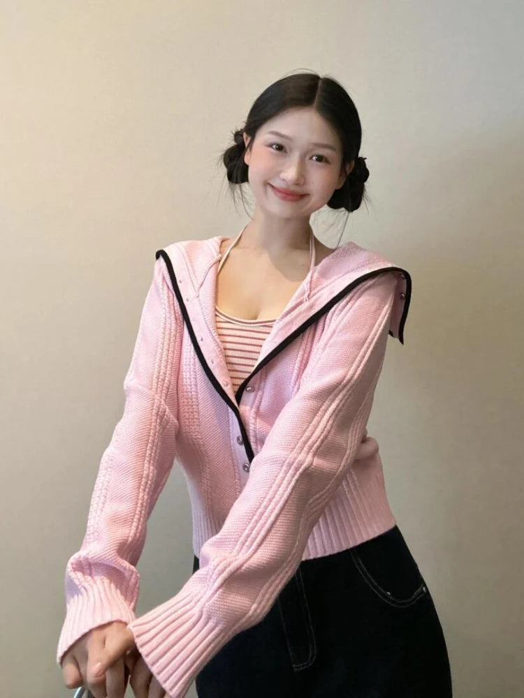 Y2k Pink Knitted Cardigan Sailor Collar Long Sleeve Sweater Korean Preppy Style Autumn Winter Clothes