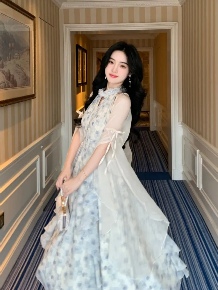 New Strapless Sleeveless White Chiffon Long Dress French Retro Fairy Tale Princess Dress Ruffled Fluffy Dress