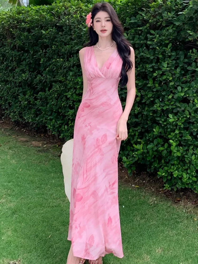 Print Long Dresses Vneck Sleeveless Bodycon Evening Party Dress New Slim Waist Vestidos Mujer New Robe