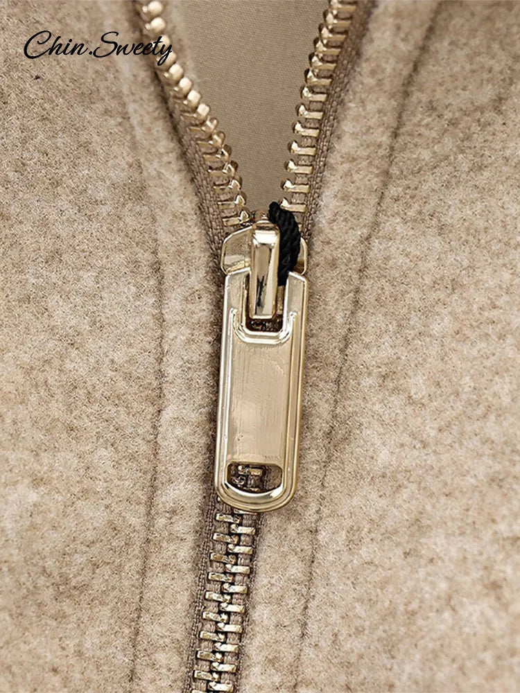 ’s Khaki Bomber Jacket Stand Collar Zipper Pocket Long Sleeve Short Coats Female Spring Thick Warm Outwear New