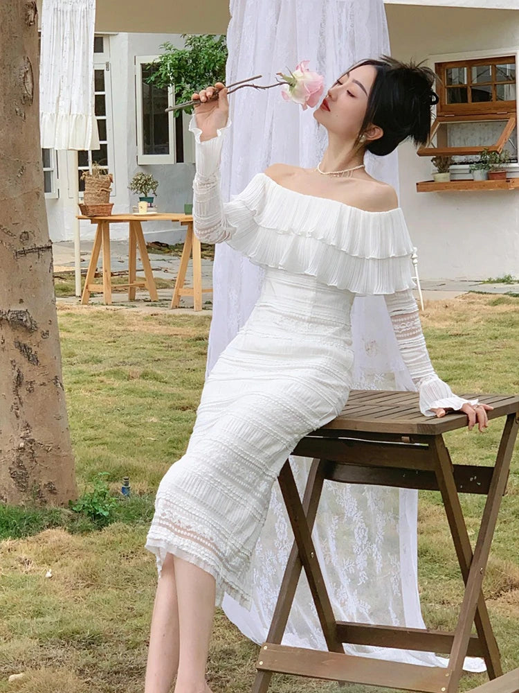White Midi Dress Office Lady Long Sleeve Beach Party Bodycon Dress Summer One Piece Dress Korean