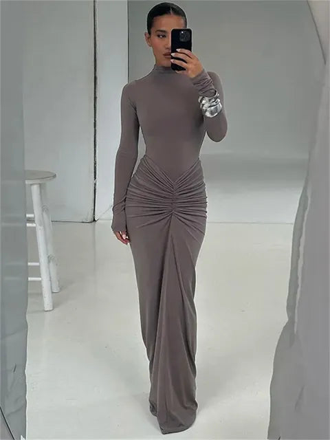Pleated Patchwork Long Dress ’s High Waist Long Sleeve Slim Party Dress Summer Female Maxi Dress