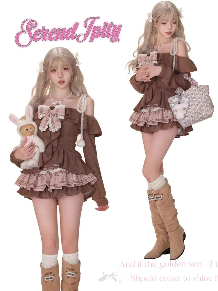 2000s Y2k Suits Retro Brown Crop Tops Sweater + Mini Skirt Japanese Kawaii 2 Piece Sets Korean Party Clothing