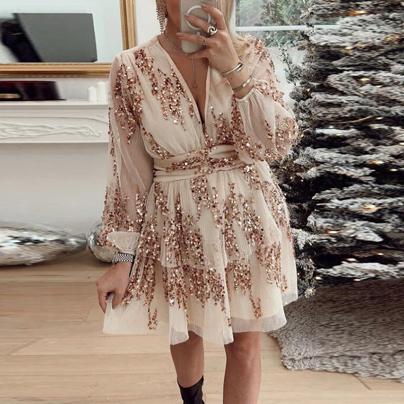 Deep Vneck Layer Christmas Dress Spring Glitter Sequins Shiny Party Dress Autumn Long Sleeve Tunic Aline Mini Dress