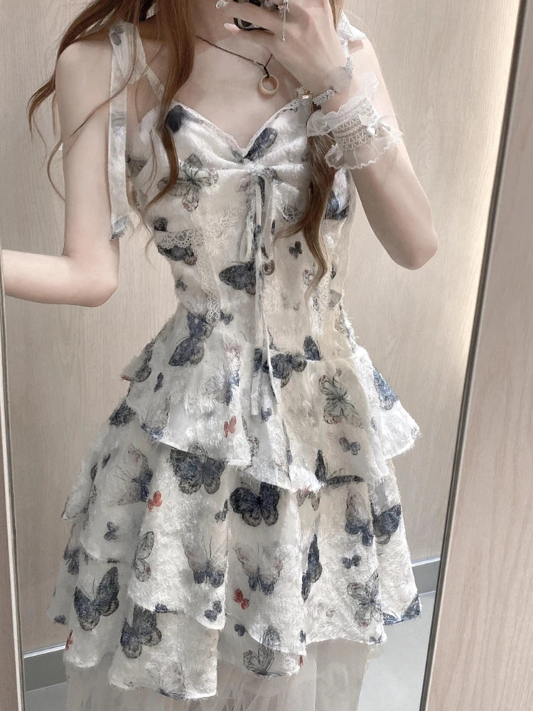 2000s Y2k Irregular Midi Dress Female Short Party Japanese Print Sleeveless Dress One Piece Dress Korean Summer