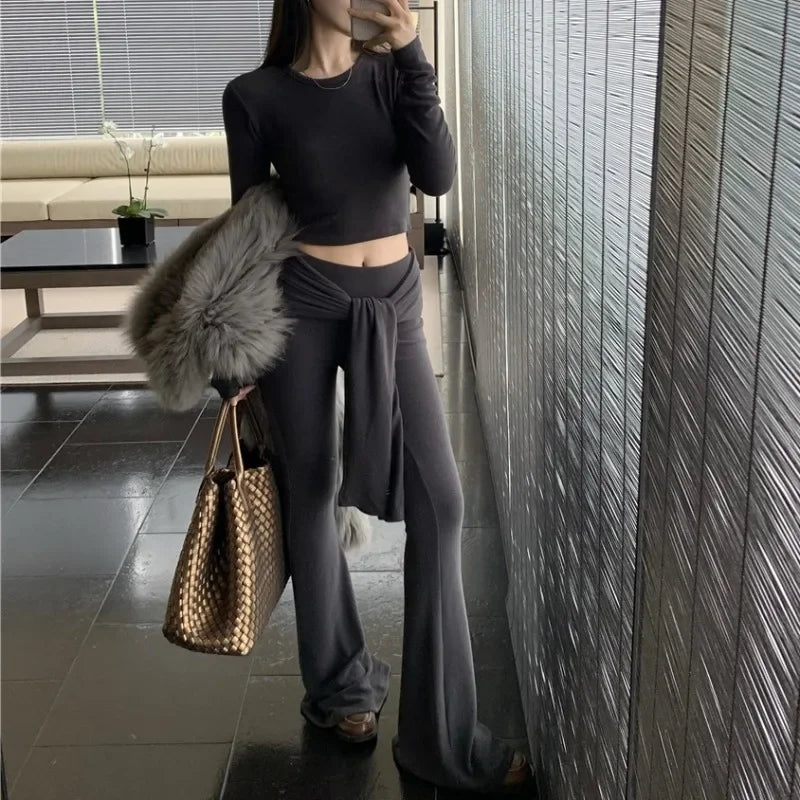 Autumn New Laceup Color Wide Leg Pants + Slim Longsleeved Tshirt Twopiece Suit