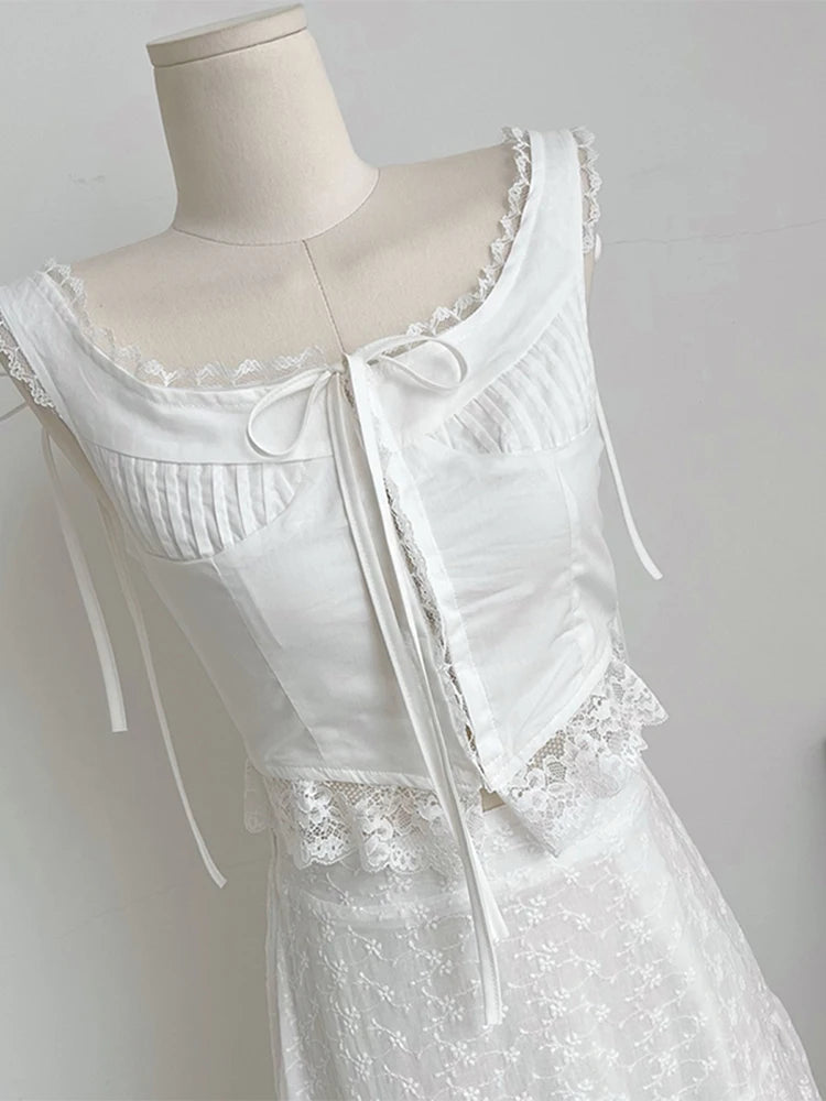 2 Pieces Sets Outfit Lace Patchwork Tie Up Bow Design Slim Crop Suspender Vest+aline High Waist Pleated Skirts