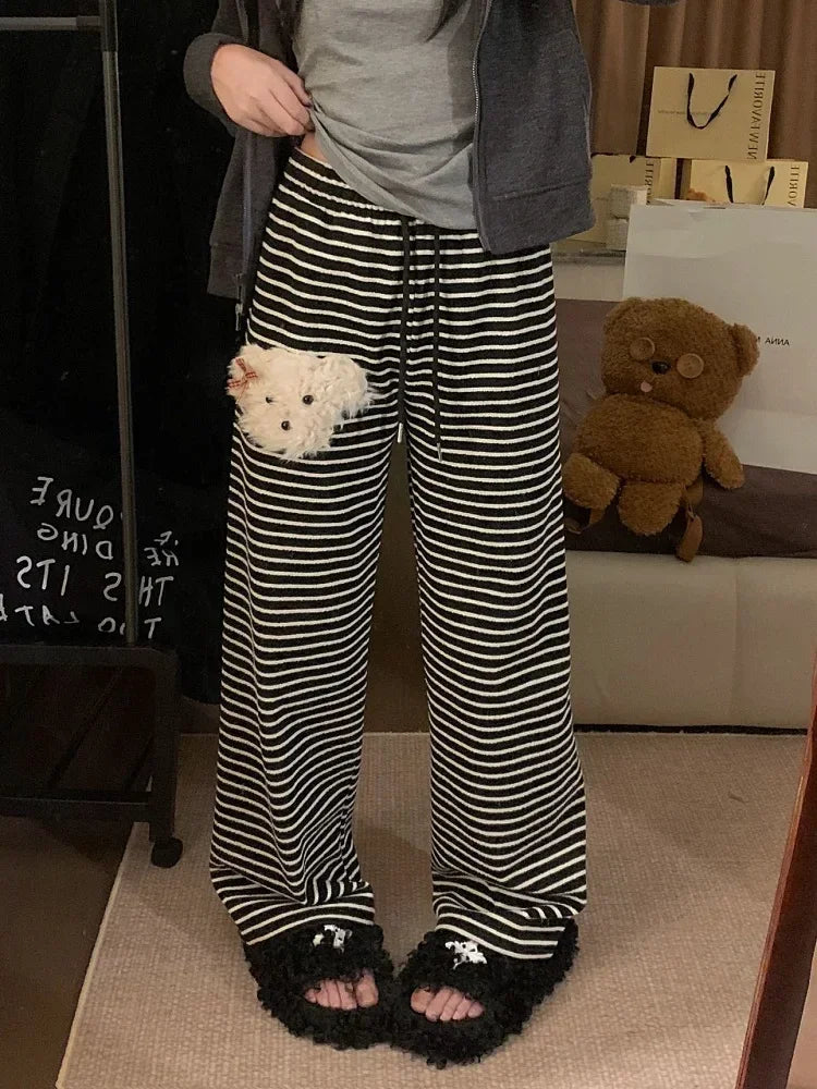 Stripe Dog Graphic Sweatpants Cutecore Cartoon Embroidery Wide Leg Straight Pants Korean Thick Warm Winter Bottoms