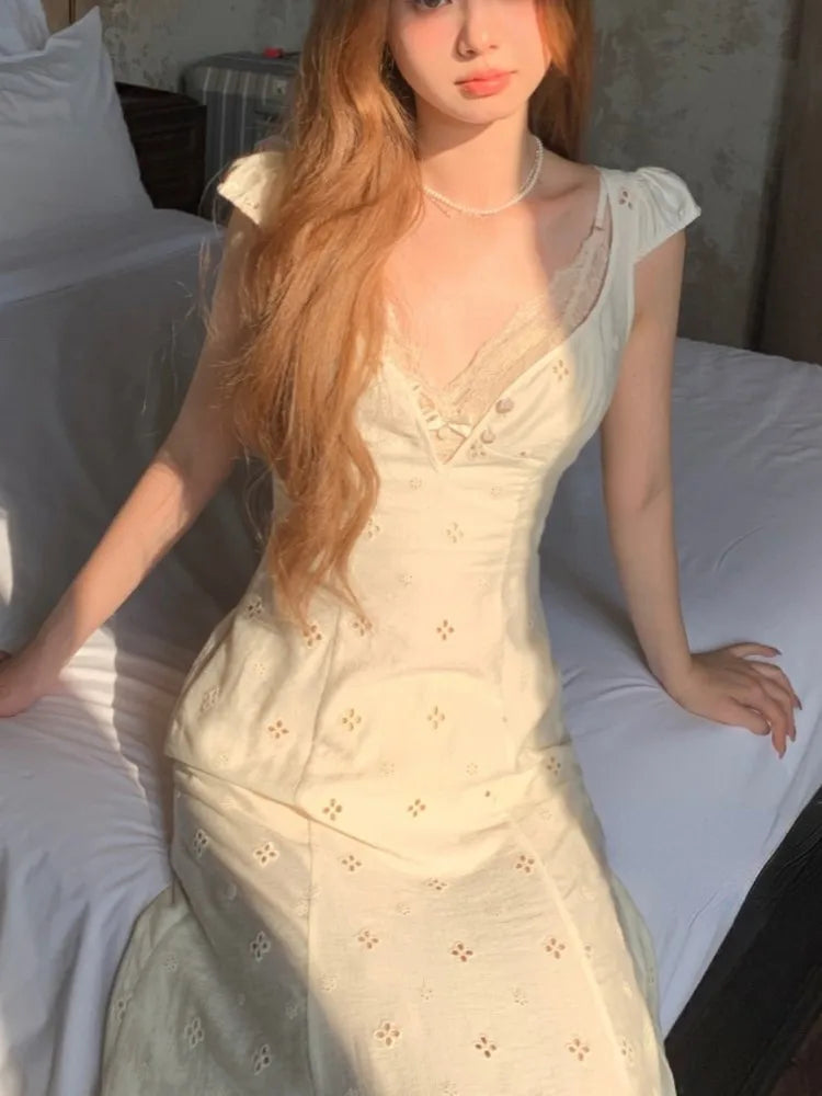 French Retro Midi Dress Summer Even Party Clothing Vneck Y2k Korean Sleeveless Dresses