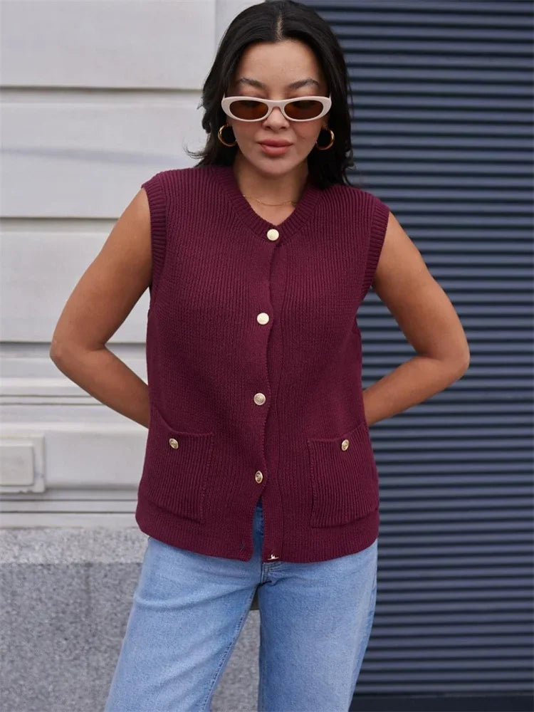 Loose Sweater Cardigan Vestidos for Sleeveless Ribbed Cropped Pocket Commute Top Female Cardigan Top