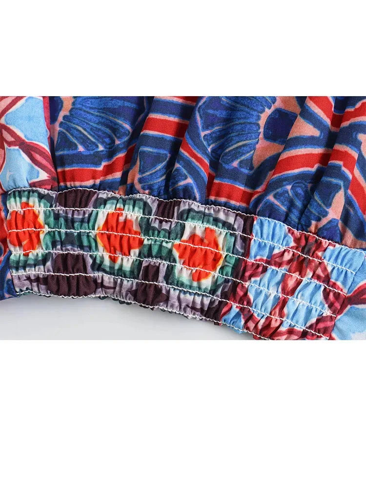 2 Piece Set Vneck Wide Long Sleeves Printed Crop Top Female Elastic High Waist Loose Pants