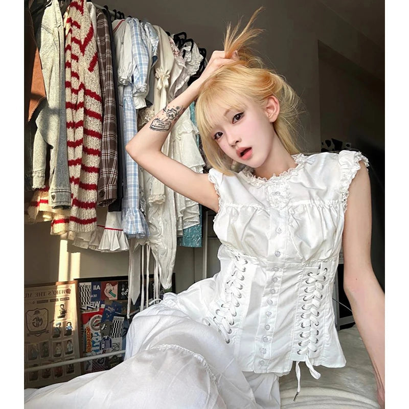 Y2k Cropped White Shirts Japanese Kawaii Bandage Blouses Summer Harajuku Aesthetic Single Breasted Slim Design Tops