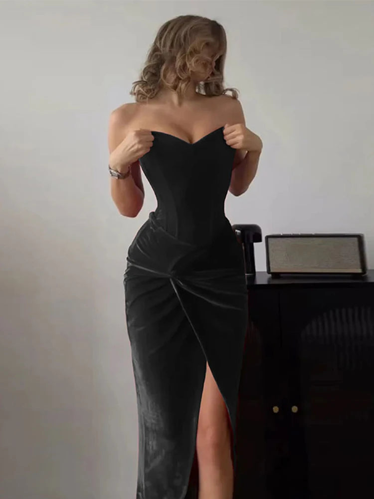 Velvet Tube Long Dresses Slim Knot Slit Evening Dress Female Spring Street Party Vestidos