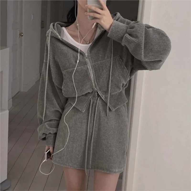 Korean Corduroy Two-piece Skirt Sets Hoodie Crop Top Coats Bodycon Mini Skirt Autumn Winter New Outfits Suit
