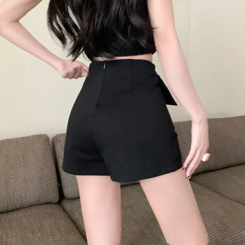 Big Bow Shorts Mujer Black Spring Summer Pants Korean Slim Pantalones Cortos