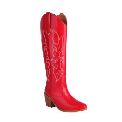 Western Cowboy Knee High Boots Pointed Toe Thick High Heeled Embroider Autumn Winter Red Long Booties Shoes Woman
