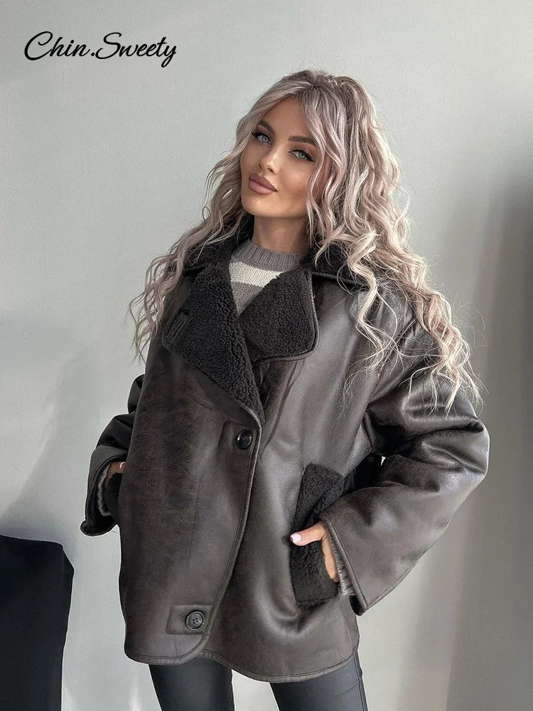 ’s Leather Jacket Loose Thick Warm Lapel Single Breasted Long Sleeve Fleece Jacket Fall Winter Street Outwear