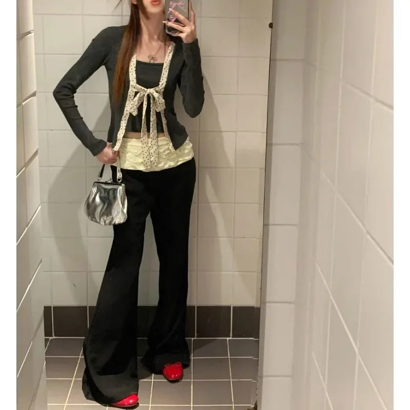 Spring New Korean Polka Dot Lace Up Longsleeved Tshirt + Contrast Color Patchwork Pants Twopiece Suit