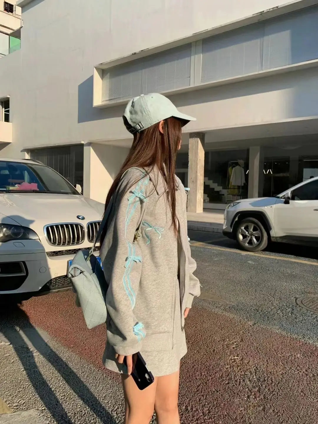 Spring Gray Two Piece Set Outfits Sports Style Plush Loose Zipper Hoodies Coat Aline Short Skirt Set