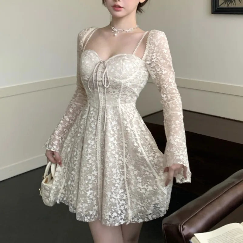 Lace Mini Dresses for Flare Sleeve Square Collar Corset Slim A-line Wedding Birthday Party Dress Y2k Prom Vestidos