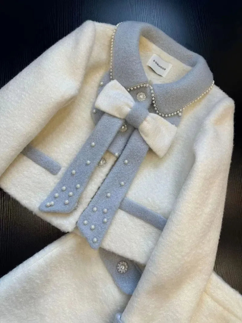 Sweet Hot Girl Suit Autumn/winter Bow Beaded Longsleeved Coat High Waisted Aline Skirt Twopiece Set Female Clothes