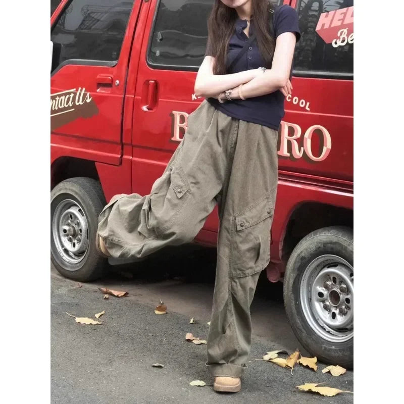 Pleated Pockets Straight Pants Spring New Korean High Waist All Match Loose Cargo Pants