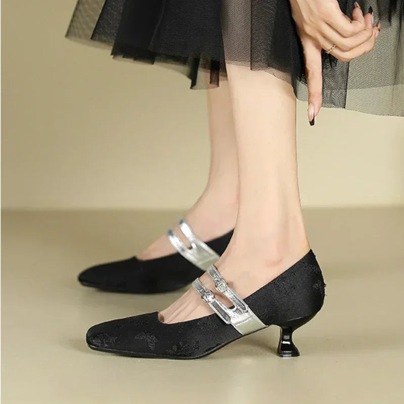New Designer High Heels Silk Square Toe Dress Shoes Female Comfort Belt Buckle Low Heel Shoes