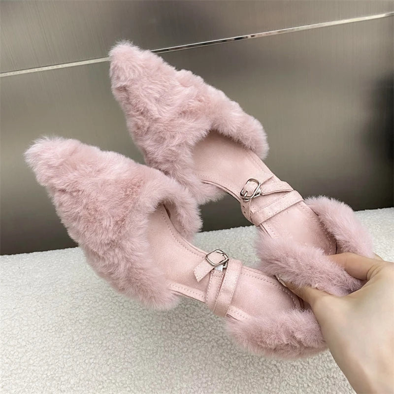 Faux Fur Fluffy Pumps Street Style Pointed Toe Thin High Heels Shoes Party Prom Zapatos De Mujer