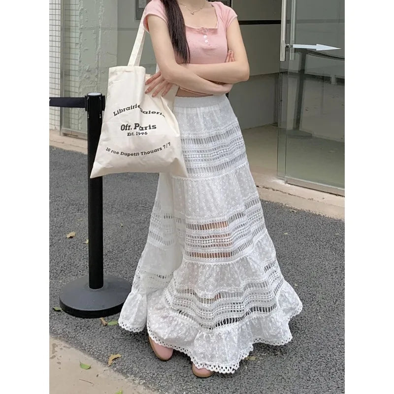 Spring and Summer Korean Retro High Street Low Waist Hollow Out White Long Lace Skirt Skirt