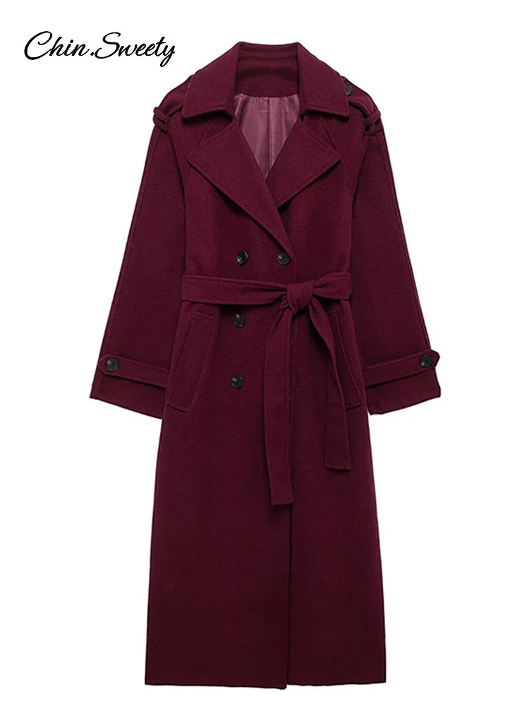 Burgundy Red Double Breasted Overcoat Lace Up Loose Lapel Pockets Long Sleeve Coat New High Street Outerwear