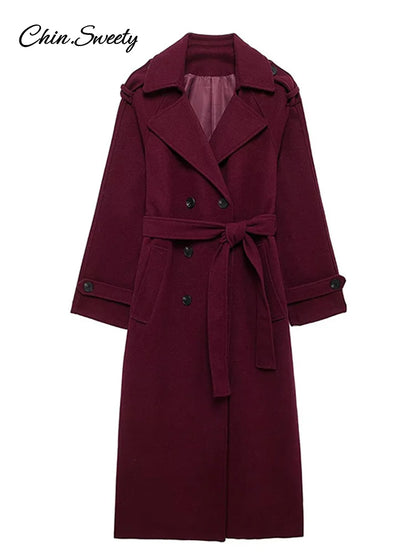 Burgundy Red Double Breasted Overcoat Lace Up Loose Lapel Pockets Long Sleeve Coat New High Street Outerwear