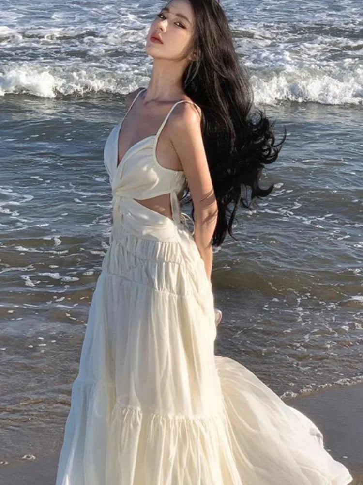Beige Club Backless Pleated Slip Dress Summer Vneck Slim Lace Up Sleeveless Evening Party Fairy Long Dresses