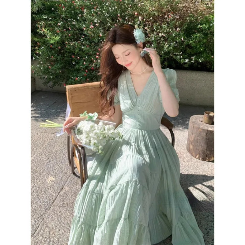 French Evening Party Dress Summer Beach Style Vneck Midi Dress Female Short Sleeve Korean Clothing